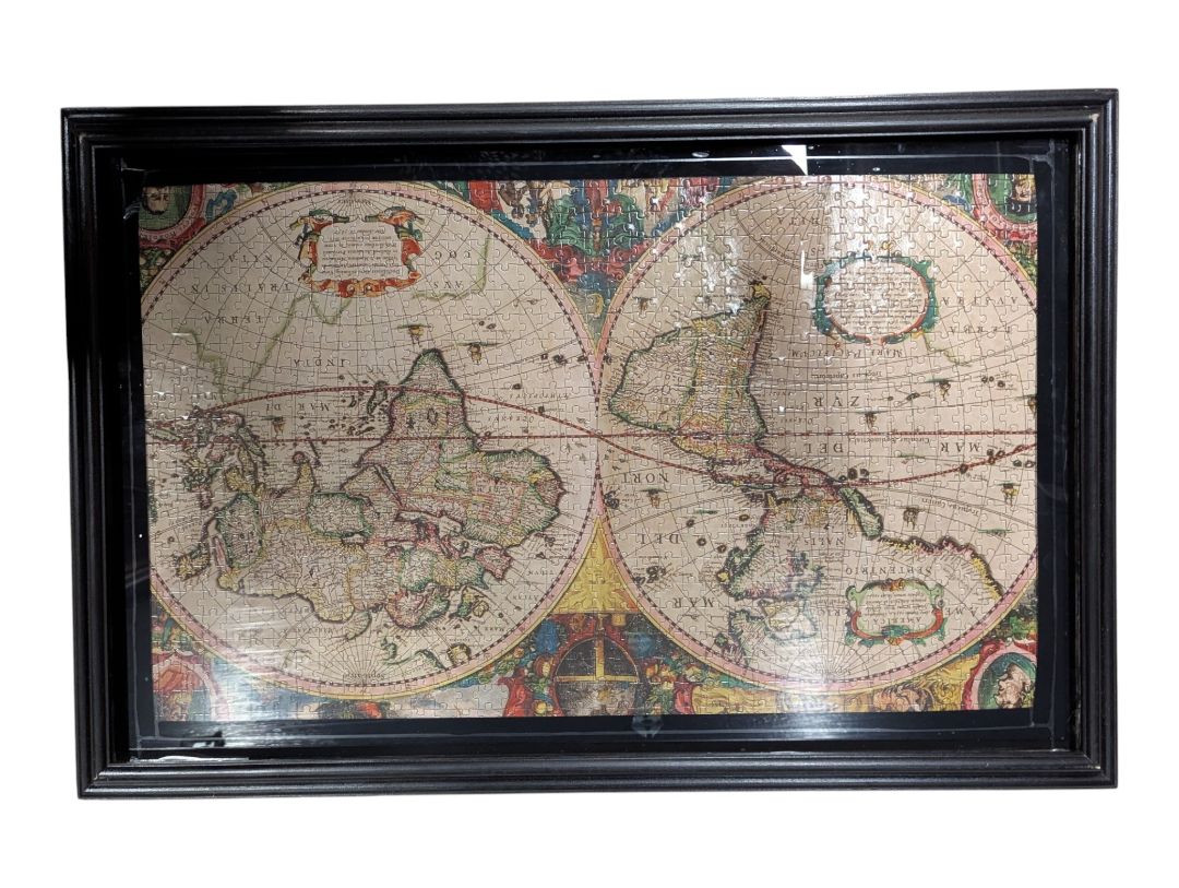 Framed Antique-Style World Map Puzzle Wall Art