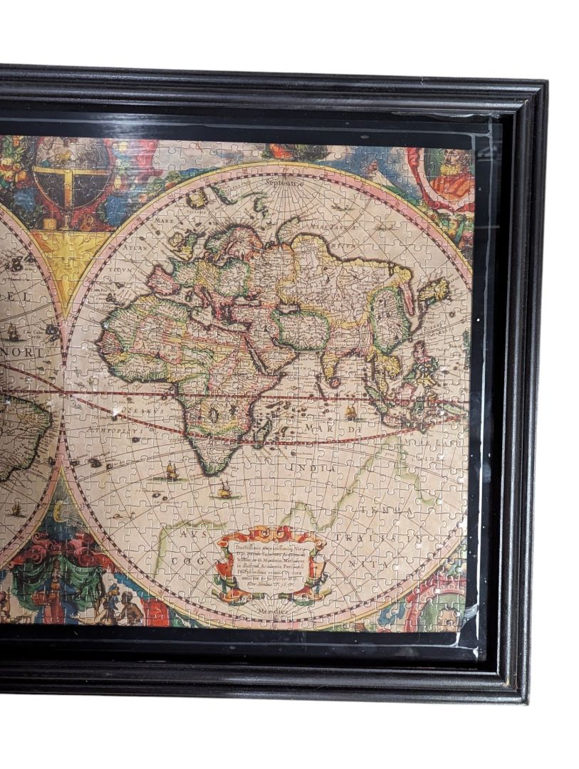 Framed Antique-Style World Map Puzzle Wall Art