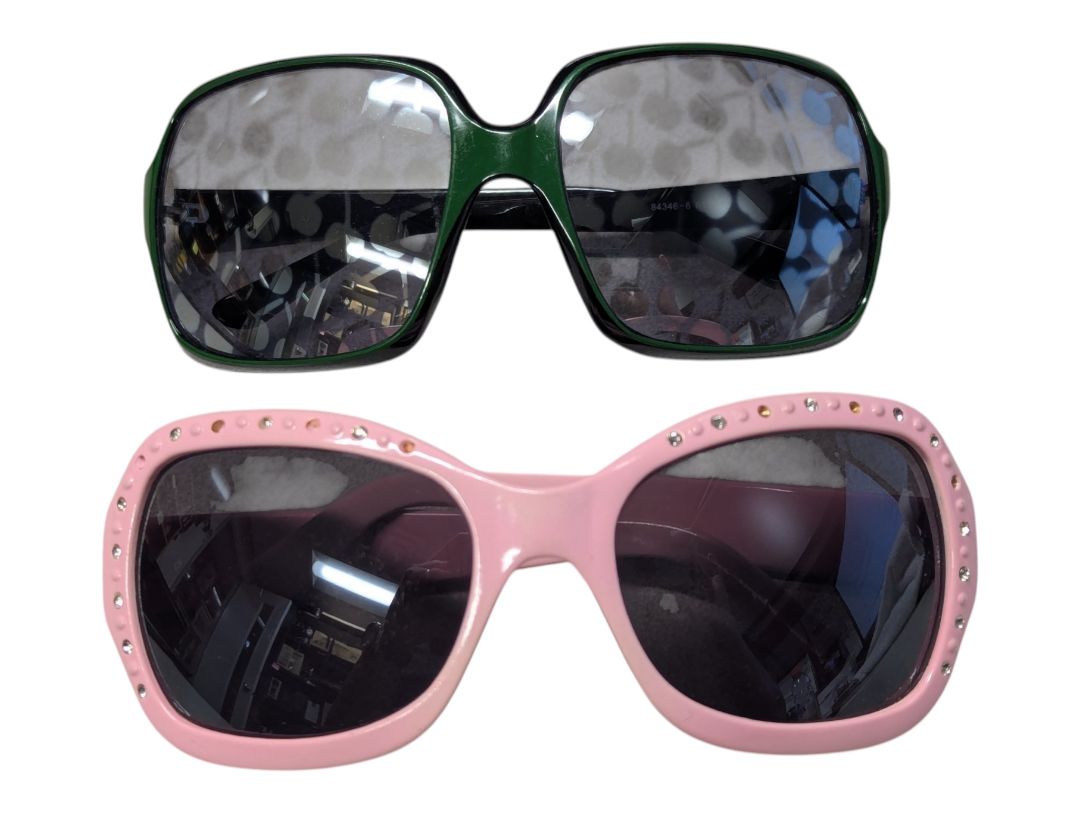 Lot of 2 Fashion Sunglasses – Pink Rhinestone-Accent & Green/Black Cherry-Pattern Arm Styles