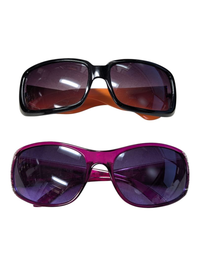 Lot of 2 Fashion Sunglasses – Purple Rhinestone-Accent & Black/Orange Geometric Arm Styles