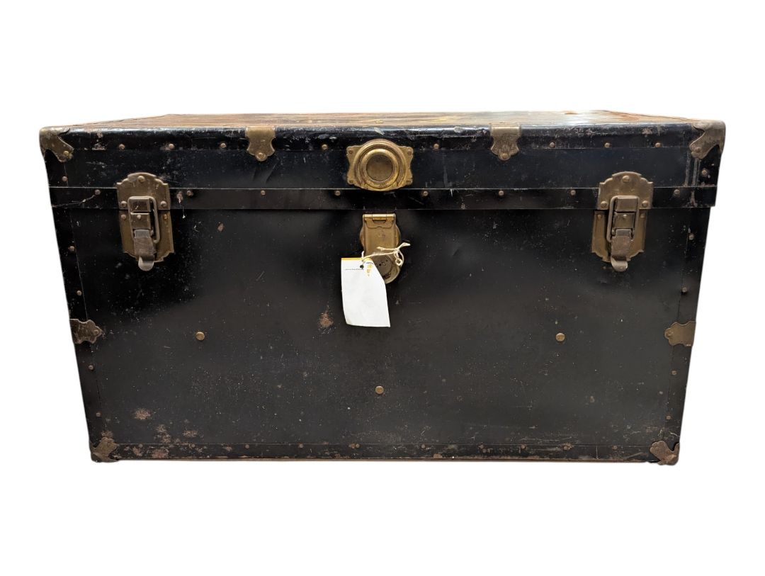 Antique Black Metal Steamer Trunk with Brass-Tone Hardware