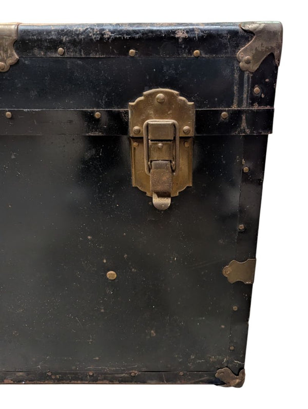Antique Black Metal Steamer Trunk with Brass-Tone Hardware