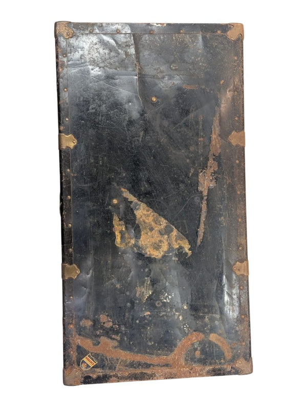 Antique Black Metal Steamer Trunk with Brass-Tone Hardware