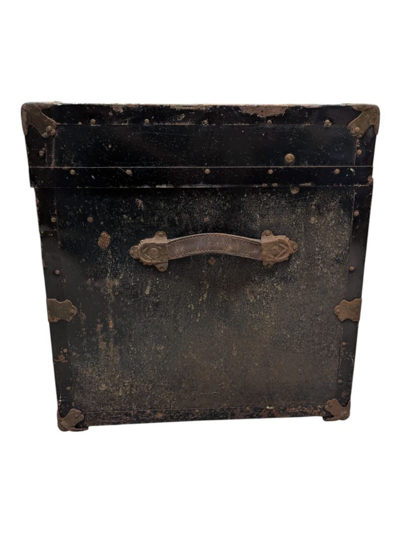 Antique Black Metal Steamer Trunk with Brass-Tone Hardware