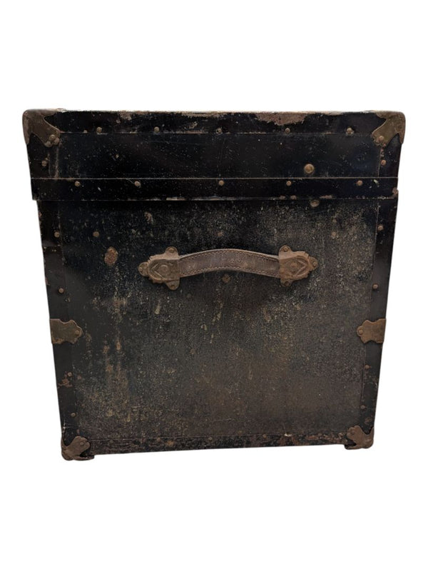 Antique Black Metal Steamer Trunk with Brass-Tone Hardware