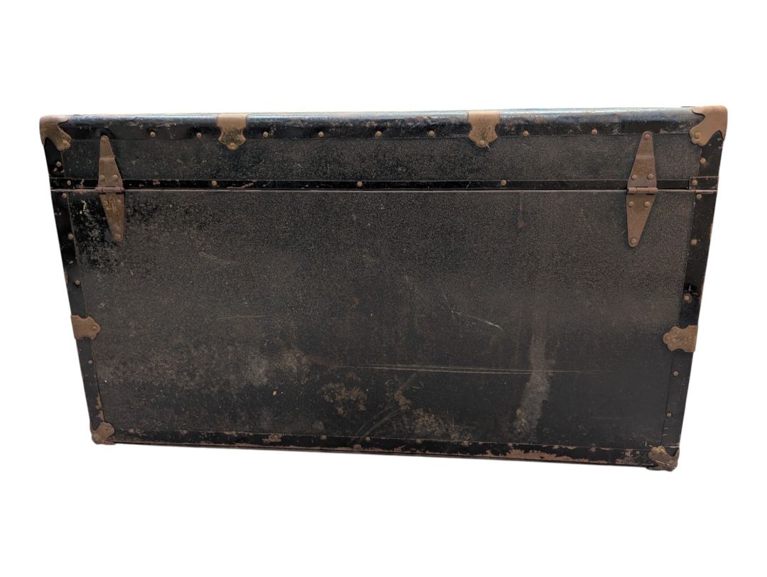 Antique Black Metal Steamer Trunk with Brass-Tone Hardware
