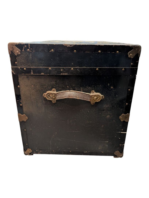 Antique Black Metal Steamer Trunk with Brass-Tone Hardware
