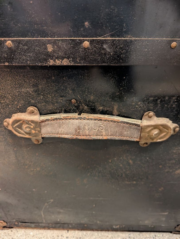 Antique Black Metal Steamer Trunk with Brass-Tone Hardware