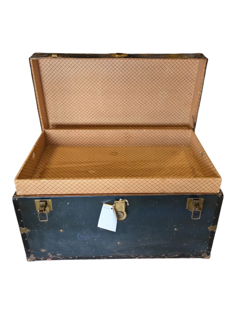 Antique Black Metal Steamer Trunk with Brass-Tone Hardware