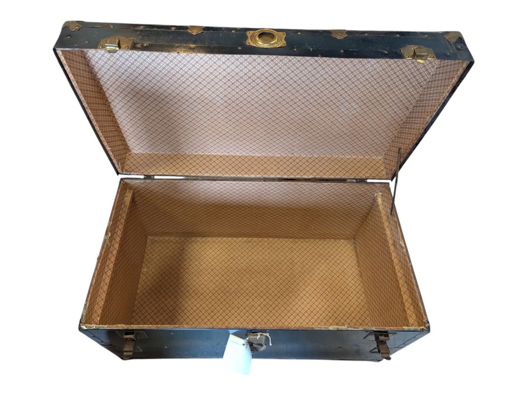 Antique Black Metal Steamer Trunk with Brass-Tone Hardware