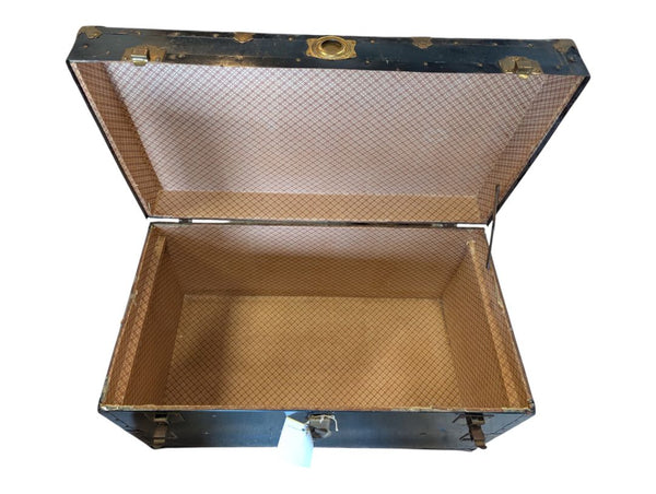 Antique Black Metal Steamer Trunk with Brass-Tone Hardware