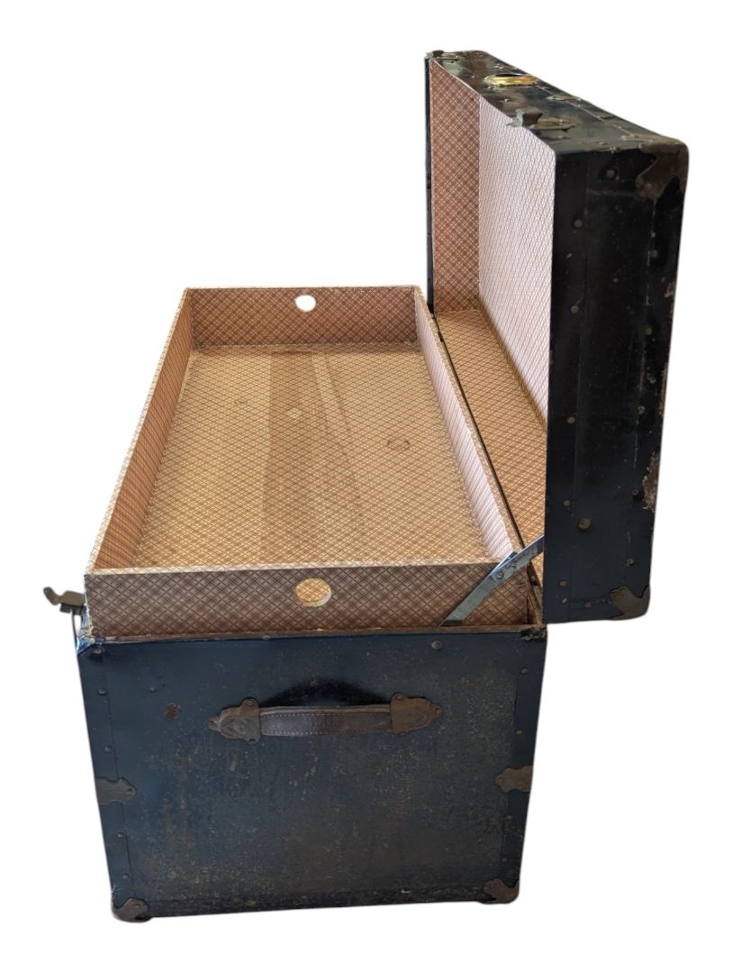 Antique Black Metal Steamer Trunk with Brass-Tone Hardware