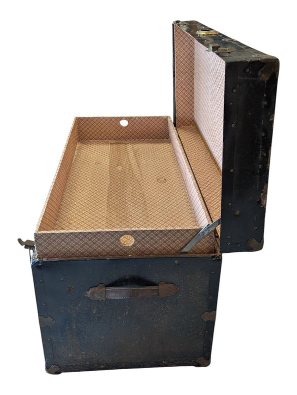 Antique Black Metal Steamer Trunk with Brass-Tone Hardware