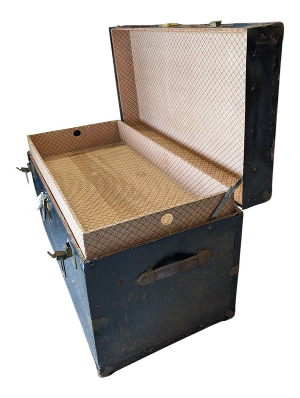 Antique Black Metal Steamer Trunk with Brass-Tone Hardware