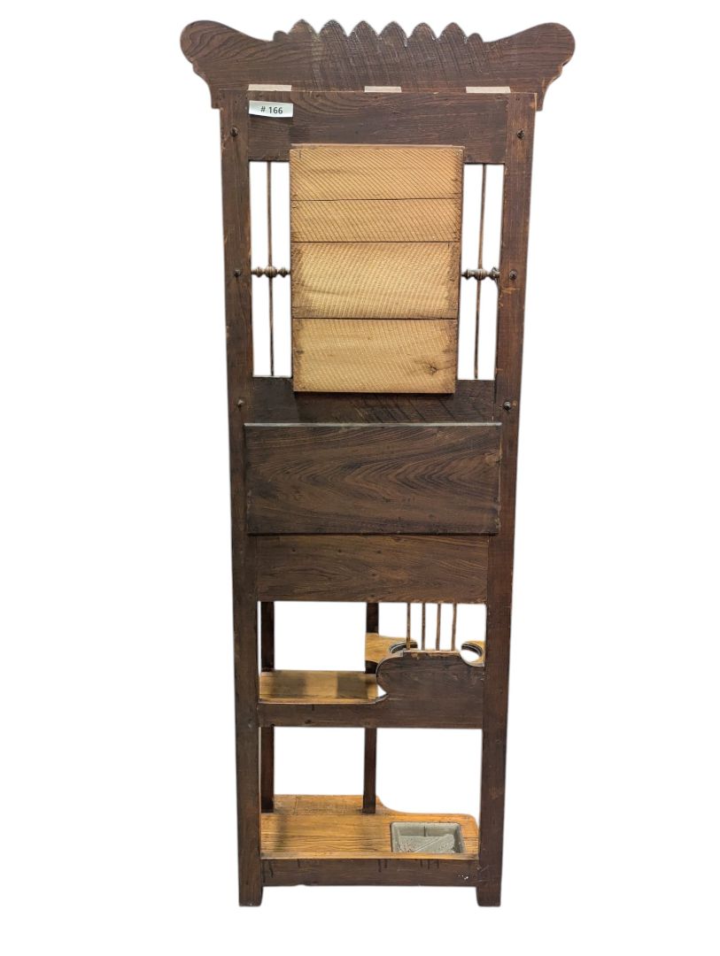 Antique Oak Hall Tree with Mirror, Coat Hooks and Umbrella Stand