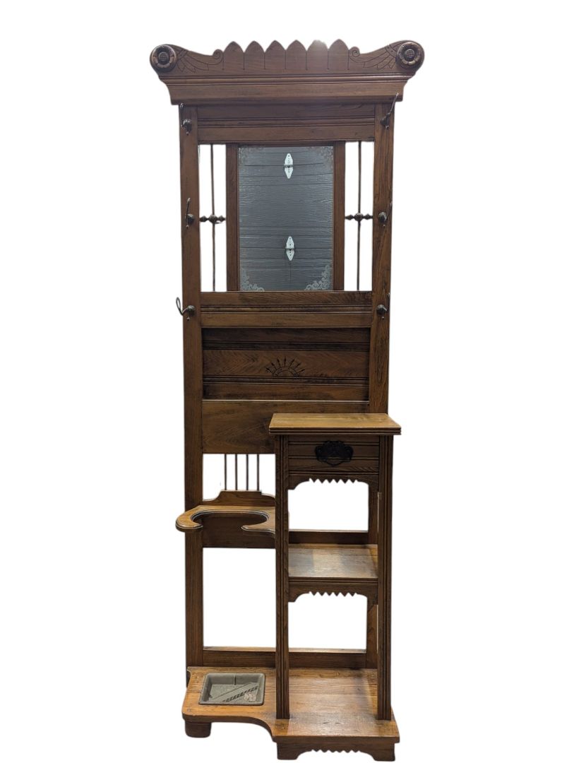 Antique Oak Hall Tree with Mirror, Coat Hooks and Umbrella Stand