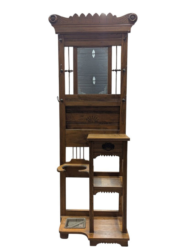 Antique Oak Hall Tree with Mirror, Coat Hooks and Umbrella Stand