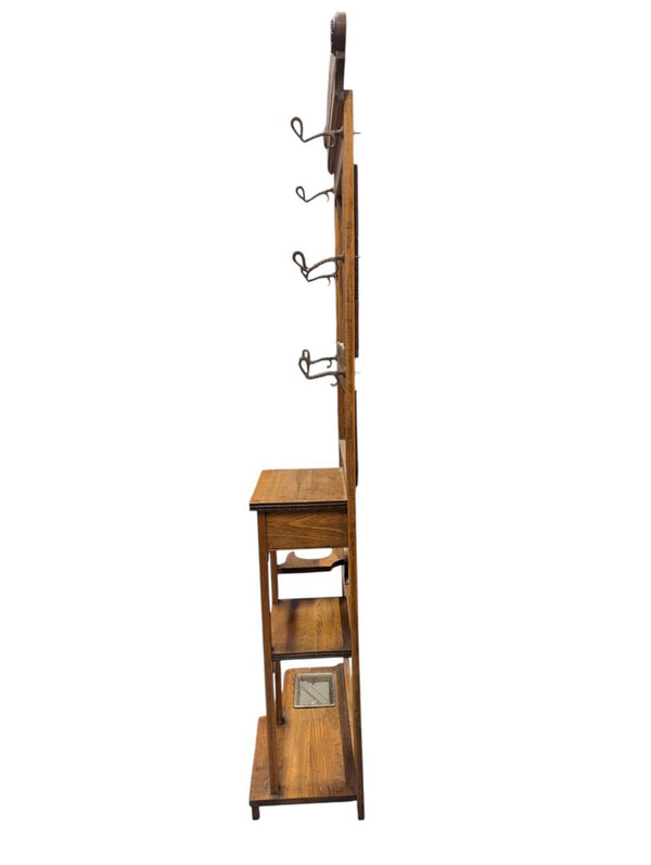 Antique Oak Hall Tree with Mirror, Coat Hooks and Umbrella Stand