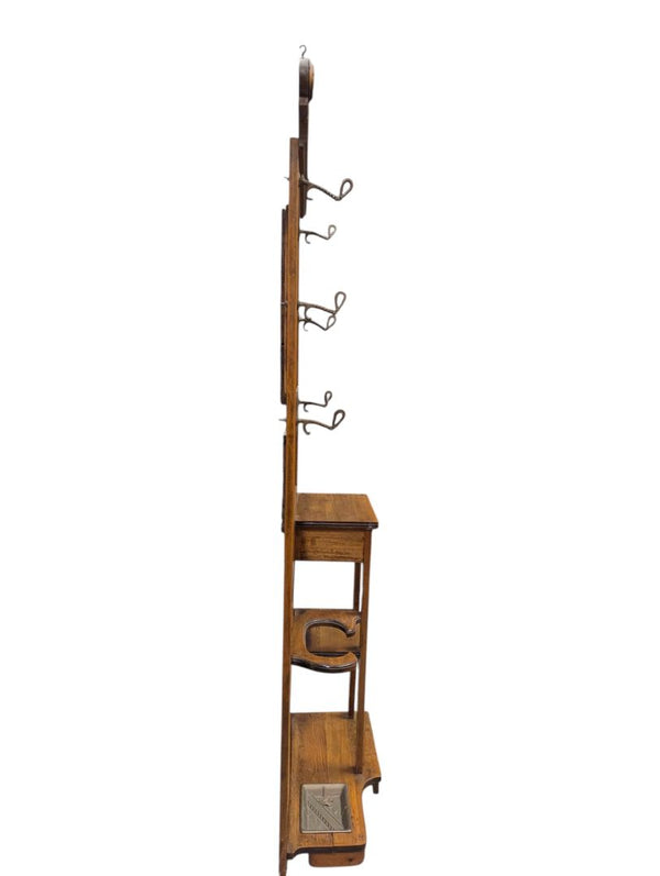 Antique Oak Hall Tree with Mirror, Coat Hooks and Umbrella Stand