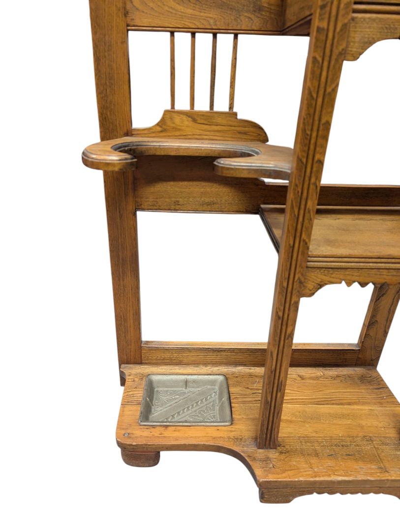 Antique Oak Hall Tree with Mirror, Coat Hooks and Umbrella Stand
