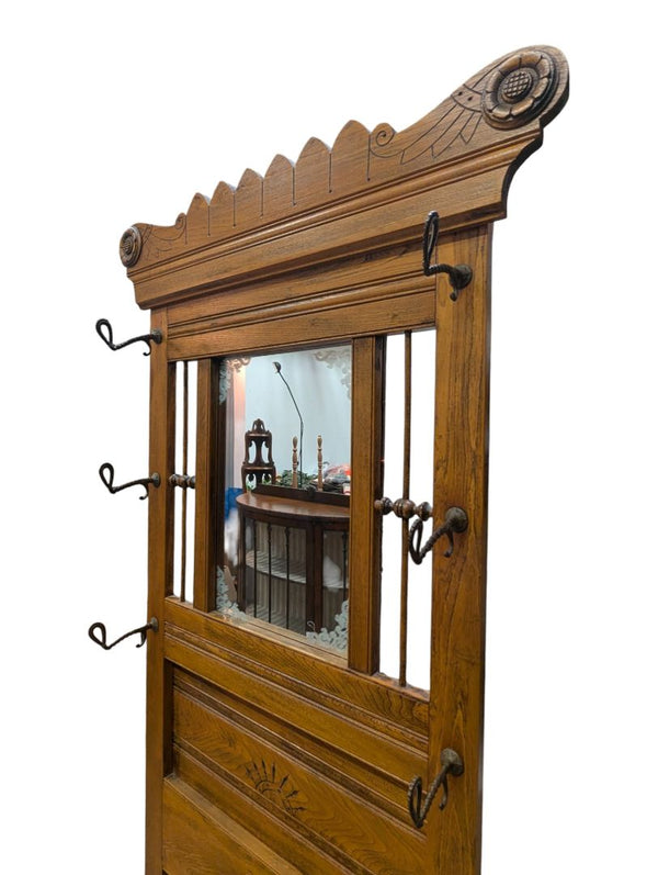 Antique Oak Hall Tree with Mirror, Coat Hooks and Umbrella Stand