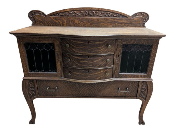 Antique Quarter-Sawn Oak Sideboard / Buffet Cabinet with Leaded Glass Doors