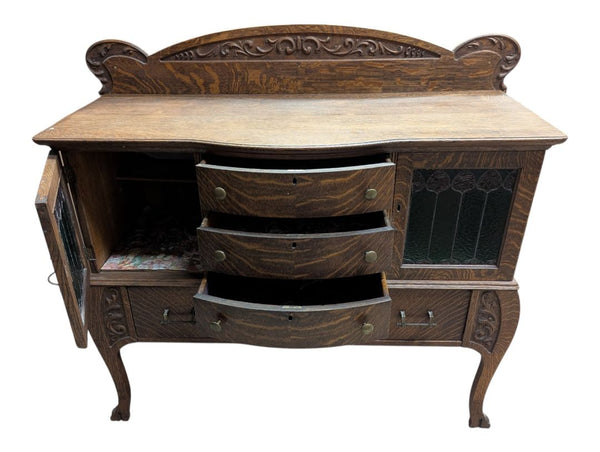 Antique Quarter-Sawn Oak Sideboard / Buffet Cabinet with Leaded Glass Doors