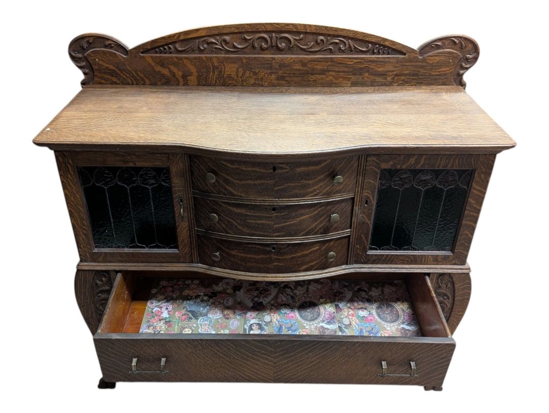 Antique Quarter-Sawn Oak Sideboard / Buffet Cabinet with Leaded Glass Doors