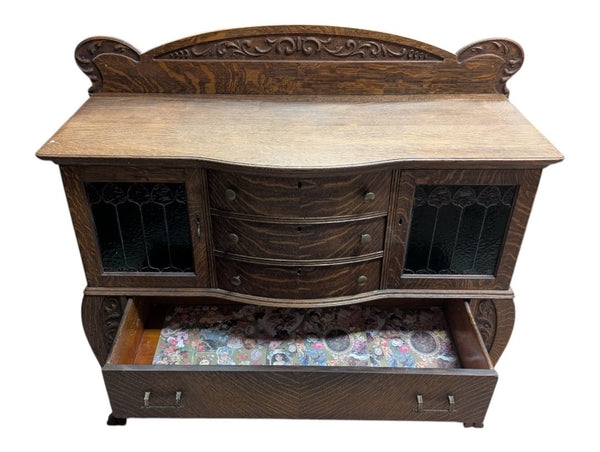 Antique Quarter-Sawn Oak Sideboard / Buffet Cabinet with Leaded Glass Doors