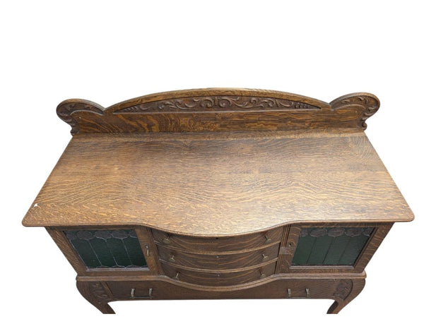 Antique Quarter-Sawn Oak Sideboard / Buffet Cabinet with Leaded Glass Doors