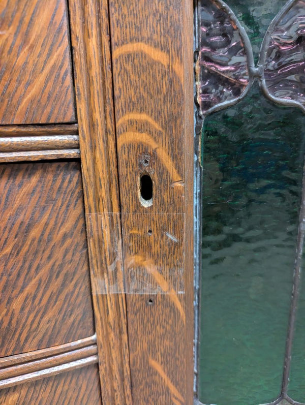 Antique Quarter-Sawn Oak Sideboard / Buffet Cabinet with Leaded Glass Doors