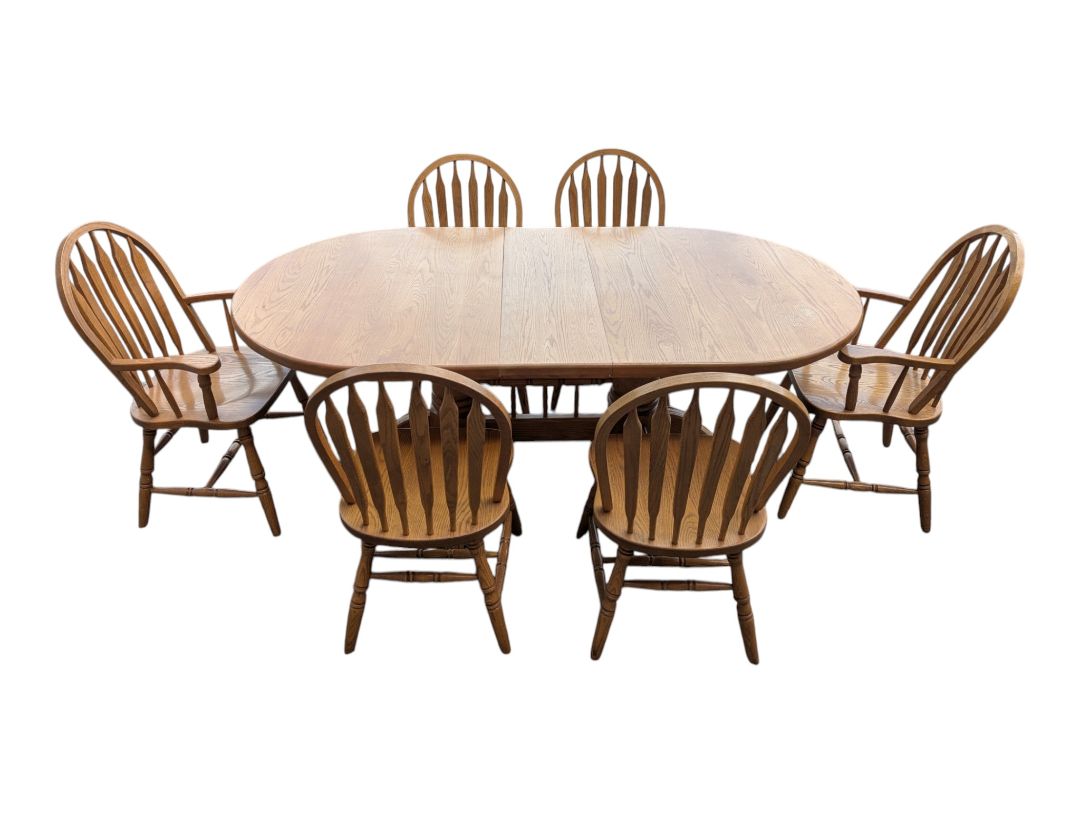 Solid Oak Double Pedestal Dining Set with 6 Windsor Chairs