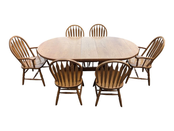 Solid Oak Double Pedestal Dining Set with 6 Windsor Chairs
