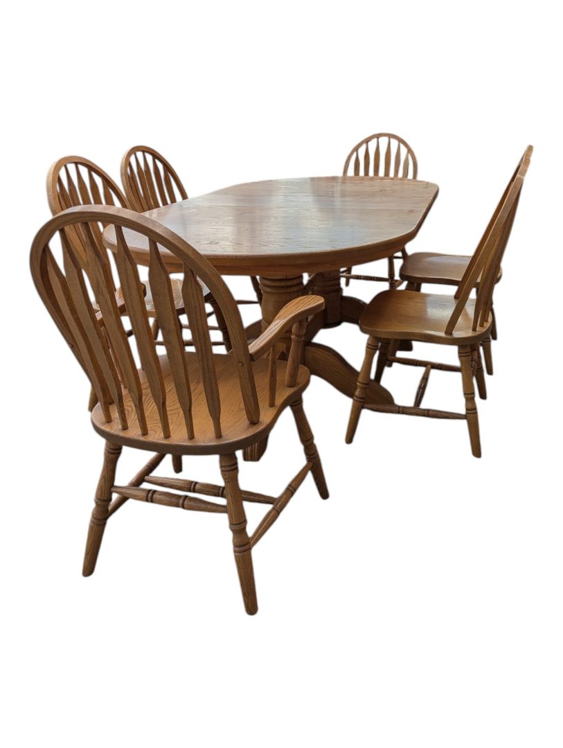 Solid Oak Double Pedestal Dining Set with 6 Windsor Chairs