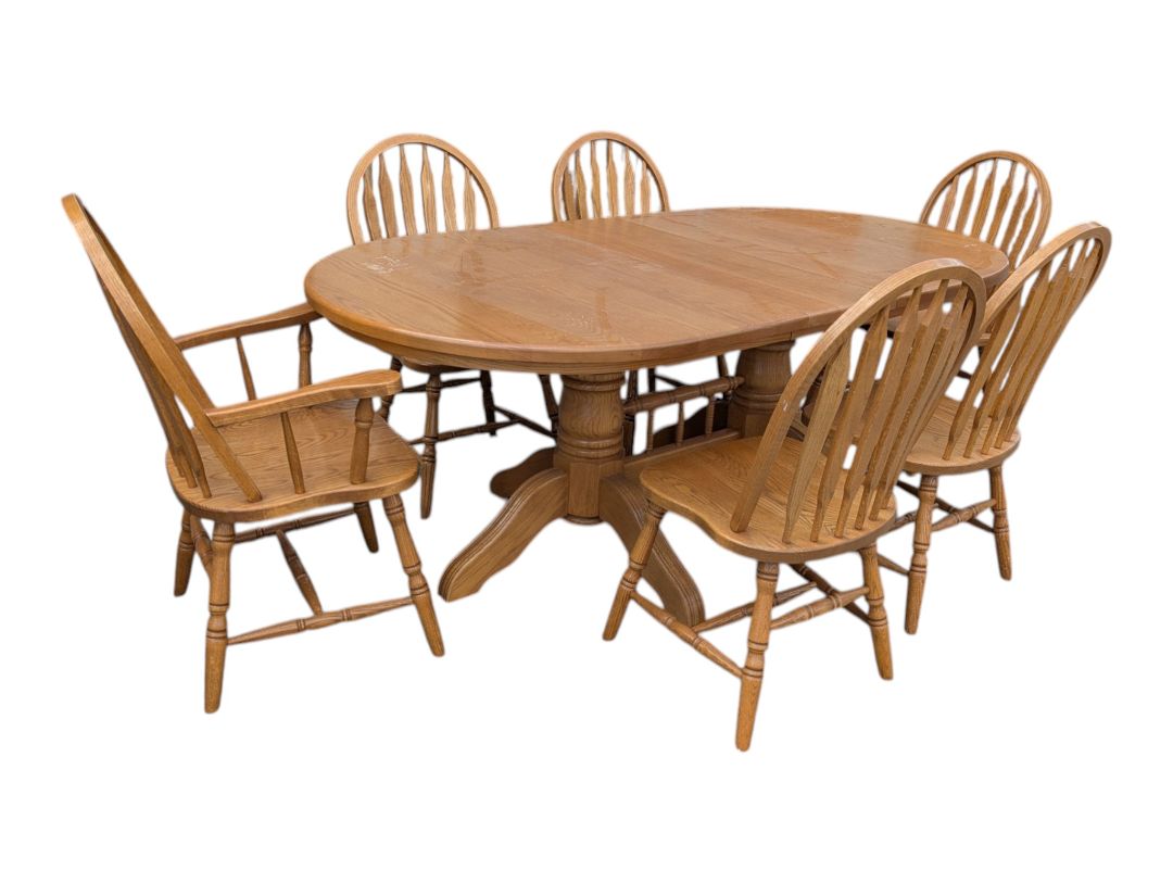 Solid Oak Double Pedestal Dining Set with 6 Windsor Chairs