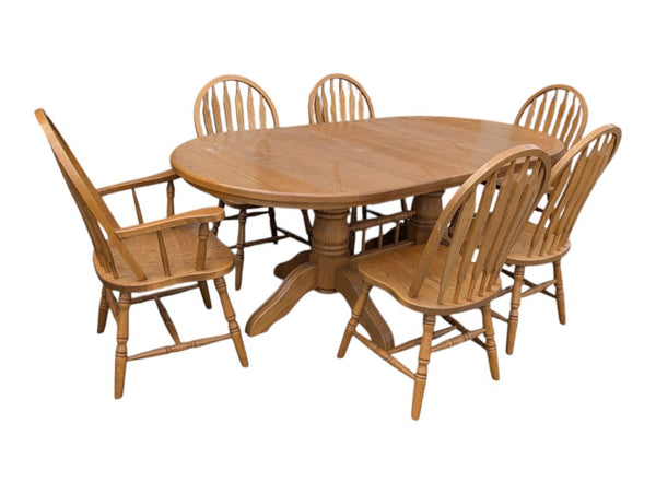 Solid Oak Double Pedestal Dining Set with 6 Windsor Chairs