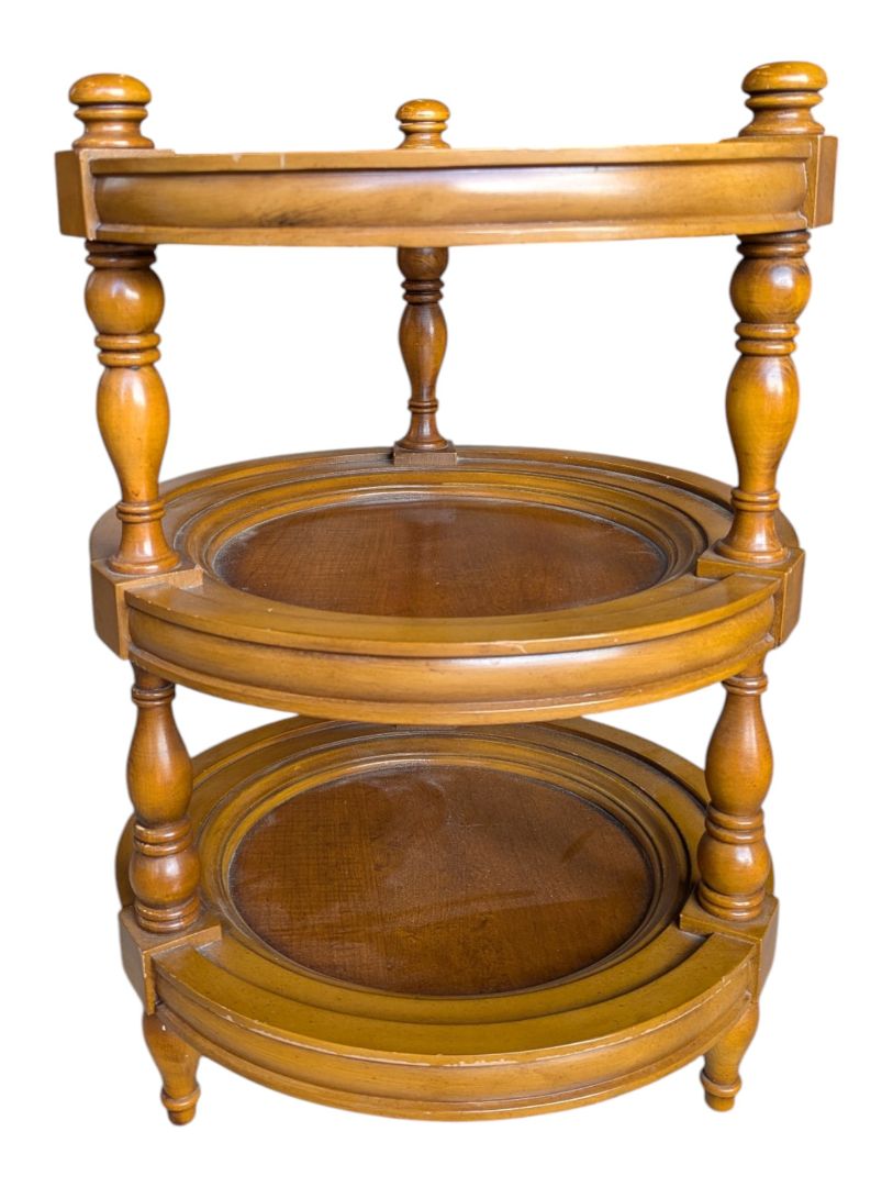 Vintage Three-Tier Round Wood Accent Table with Glass and Cane Top