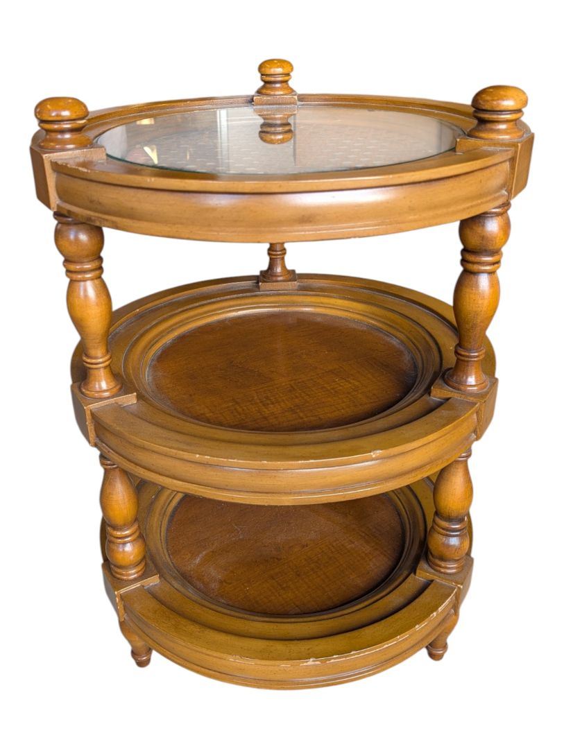 Vintage Three-Tier Round Wood Accent Table with Glass and Cane Top