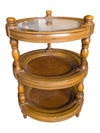 Vintage Three-Tier Round Wood Accent Table with Glass and Cane Top