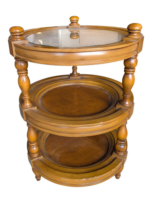 Vintage Three-Tier Round Wood Accent Table with Glass and Cane Top