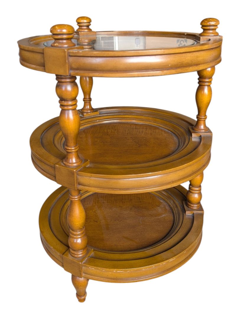 Vintage Three-Tier Round Wood Accent Table with Glass and Cane Top