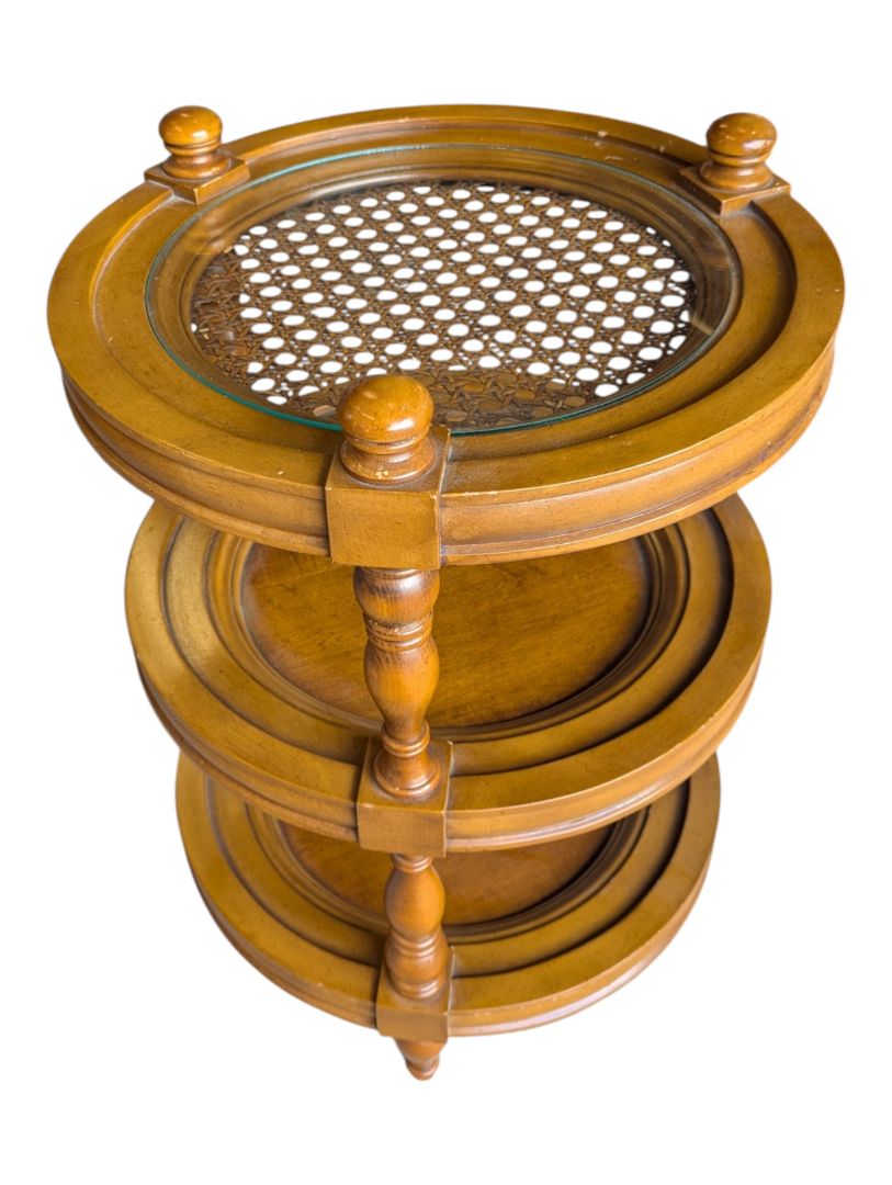 Vintage Three-Tier Round Wood Accent Table with Glass and Cane Top