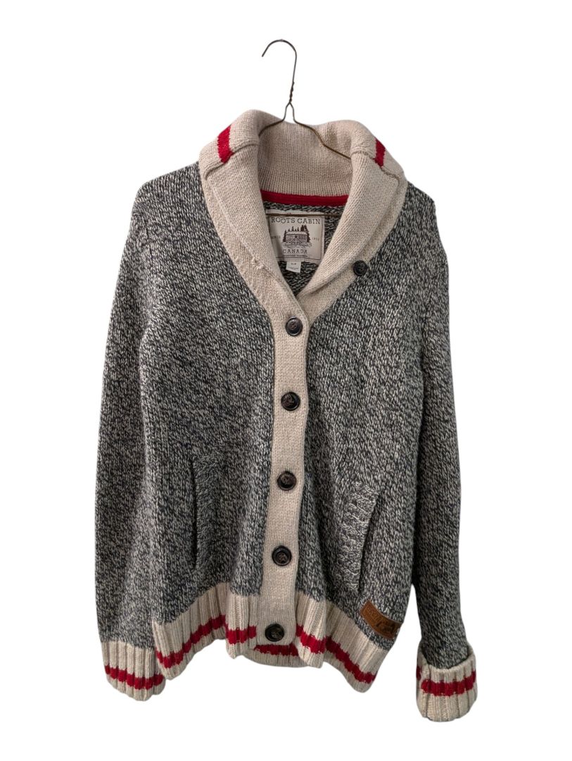 Roots Cabin Canada Women’s Shawl-Collar Knit Cardigan – Grey/Cream – Size Small