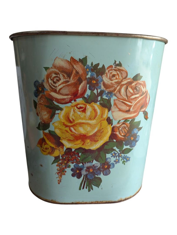 Vintage Floral Lithographed Metal Wastebasket