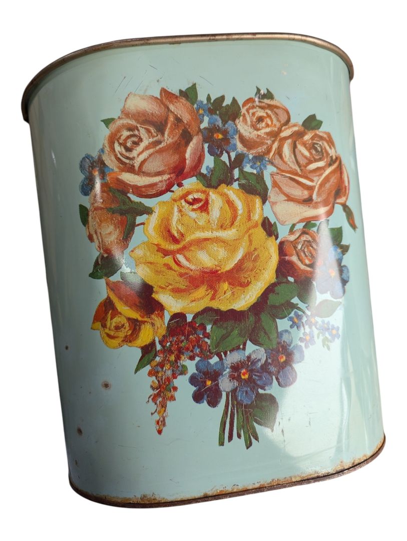 Vintage Floral Lithographed Metal Wastebasket