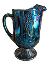 Iridescent Blue Carnival Glass Grape Pattern Pitcher & Goblet Set – 4 Pieces