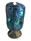 Iridescent Blue Carnival Glass Grape Pattern Pitcher & Goblet Set – 4 Pieces