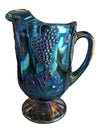 Iridescent Blue Carnival Glass Grape Pattern Pitcher & Goblet Set – 4 Pieces