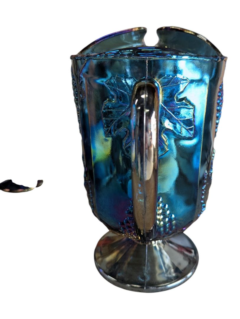 Iridescent Blue Carnival Glass Grape Pattern Pitcher & Goblet Set – 4 Pieces