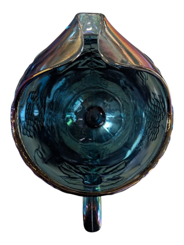 Iridescent Blue Carnival Glass Grape Pattern Pitcher & Goblet Set – 4 Pieces